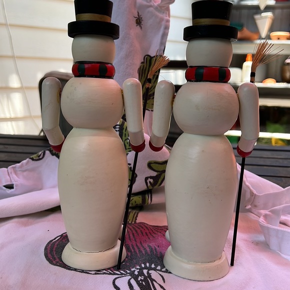 Christmas Candle Sticks Snowmen Painted Wood - Picture 3 of 13